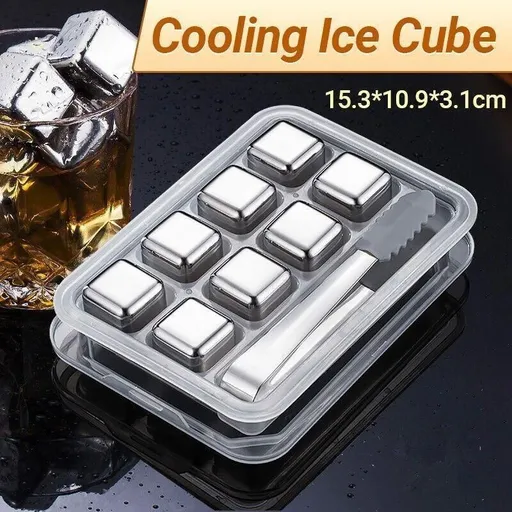 Stainless Steel Whiskey Stones X 8 Ice Cubes With Tong Reusable Cooling Ice Cube