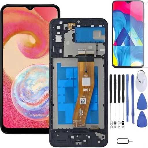 Samsung Galaxy A04e Screen Replacement with Frame, 6.5 Inch PLS TFT LCD Touch Digitizer, Full Repair Tool Kit & Tempered Glass Protector for SM-A042F SM-A042M