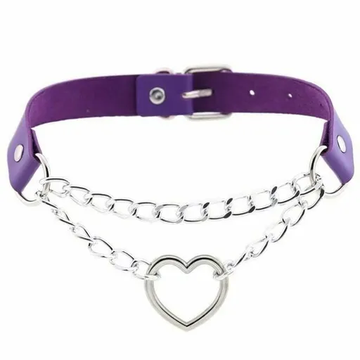 House Of Dasein Bdsm Day Collar Heart Pendant Choker Silver Chain Necklace - Purple
