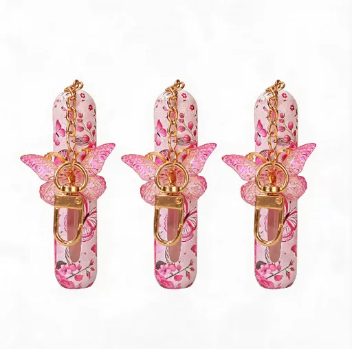 3 Pack Light Pink 5ml Portable Perfume Atomizer Keychain Butterfly Charm Floral Refillable Travel Spray Bottle Set - Same Design