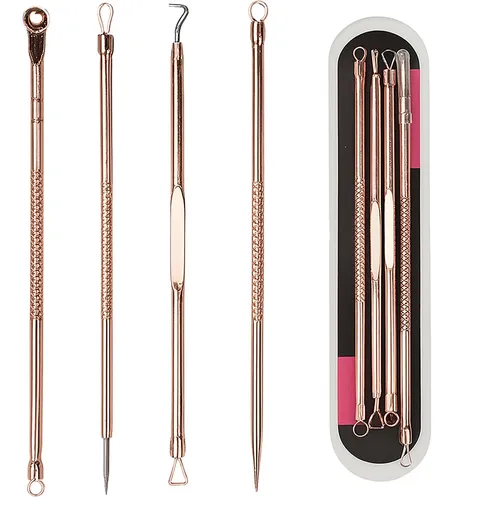 4-Piece Set of Comedone Spoons | Blackhead & Acne Removal | Acne | Comedone Spoon | Comedone Extractor | Pimple Removal | Stainless Steel | Rose Gold