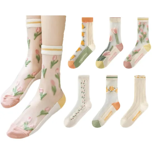 6 pairs Womens Sheer Socks, Floral Socks Summer Transparent Mesh Lace Socks Thin Jacquard Crystal Glass Socks