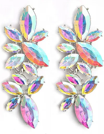 Iridescent Rhinestone Earrings for Prom, Sparkling Bridal Cluster Drop Dangle Stud Earrings, AB Crystal Pageant