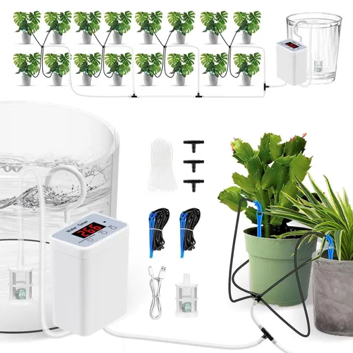 Smart Automatic Plant Watering Drip Irrigation System with Timer, Rechargeable Battery, Dual Spray & Drip Modes, Ideal for Indoor Potted Plants, Balcony Gardens, and Vacation Care (Water For 16 Plants)