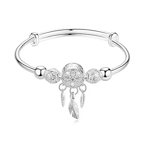 Silver Tassel Feather Charm Bracelet Bangle Adjustable Mother's Day Jewelry Gift Birthday Christmas Gifts for Women Mom Wife Girls