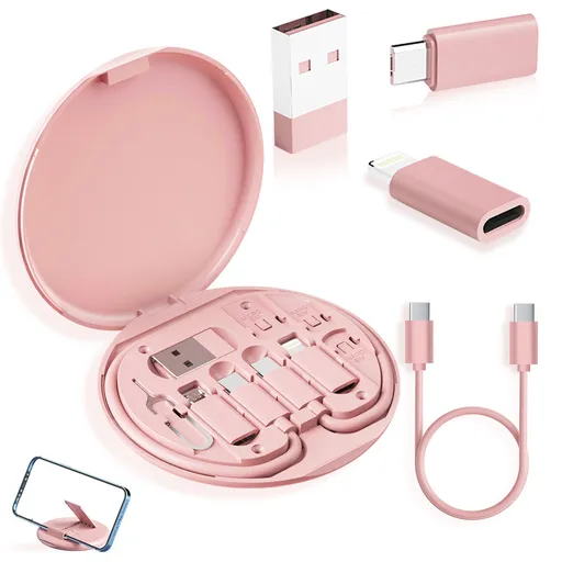 2-Pack Pink 60W Fast Charging Cable Kit with Storage Box - 5-in-1 Multi-Interface Data Cable Set with Phone Stand & SIM Ejector Tool - Universal Compatibility for iPhone, Android, and Type-C Devices - Portable Travel Gadget Organizer