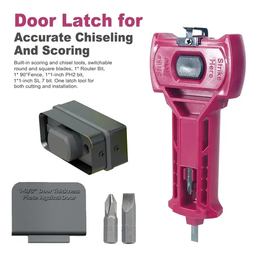 Multi-Function Door Lock Installation Chisel Tool with Interchangeable Scoring Blades, Wood Chisel, Screwdriver Bits and 90° Positioning Bracket for Precise Mortise Marking and Hardware Fitting (Red)