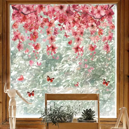 Floral Butterfly Glass Window Stickers, Pink Flower Pattern Static Cling UV Decal for Home Beautification, Easy Apply and Remove Wall Art Decor