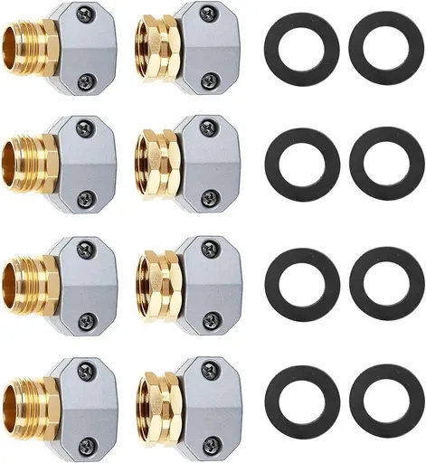 (4 Sets) Garden Hose Repair Connector Fitting, Aluminum Female and Male With Zinc Clamp Water Hose End Repair Connector Fit 3/4 Inch or 5/8 Inch Garden Hose