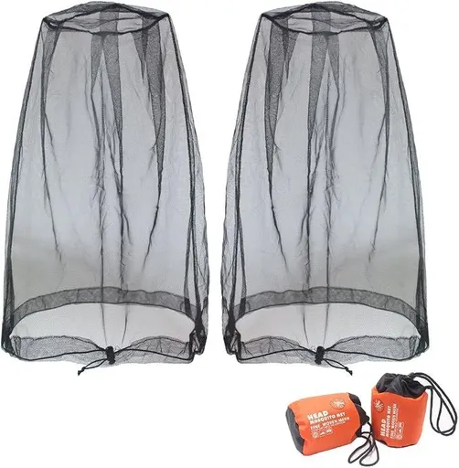 2pcs Mosquito Head Net Mesh, Face Neck Fly Netting Hood from Bugs Gnats Noseeums Screen Net for Any Outdoor Lover- with Carry Bags Fits Most Sizes of Hats Caps (Black, Updated Big Net)