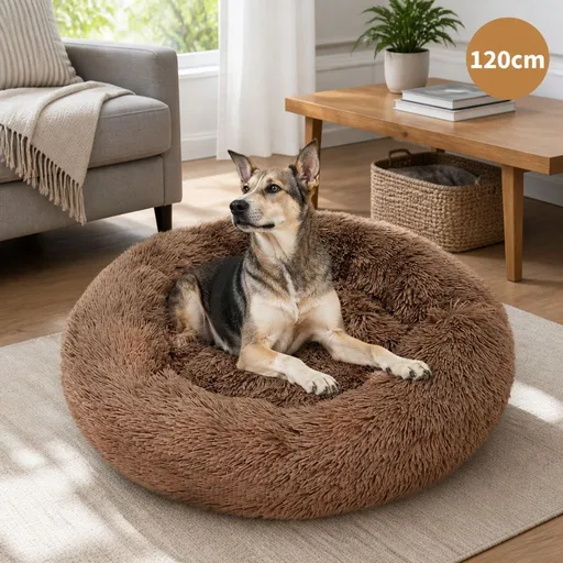 Pet Dog Bed Bedding Warm Plush Round Soft Dog Nest Light Coffee XXL 120cm