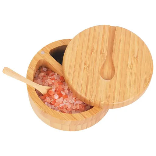 Divided Salt Cellar With Swivel Lid and Spoon, Seasoning Containers With Magnetic Lid to Keep Dry, Mini Spoon Built Into(Large)