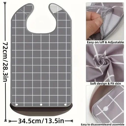 Adult Bibs for Eating Clothing Protector with Detachable Crumb Catcher Adult Bibs for Women and Men Gray-white Stripes 1pc