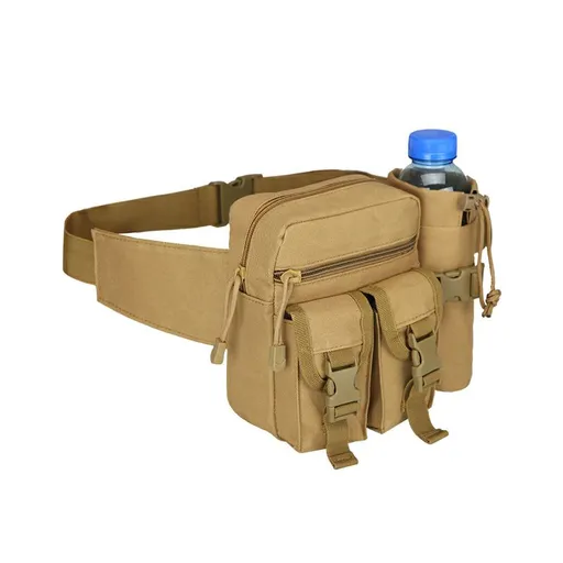 Sports Running Waist Bag with Water Bottle Holder Multi Pocket Outdoor Waterproof Belt Pack Hiking Cycling Fitness Bag (Khaki)