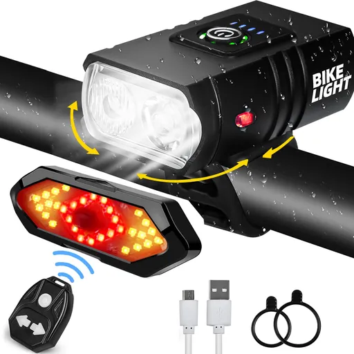 USB Rechargeable Bike Light Set with Remote Turn Signals, 1000 Lumen Front Light and Rear Safety Light for Cycling, Black
