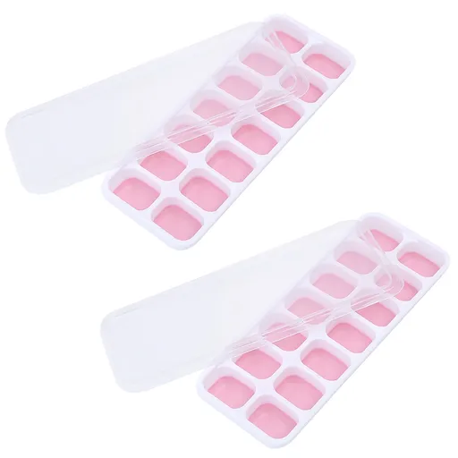 Silicone Ice Cube Tray 2 Pack Easy-Release & Flexible 14-Ice Cube Trays with Avoid Spill Removable Lid, Stackable Ice Trays with Ice Covers for Freezer Pink