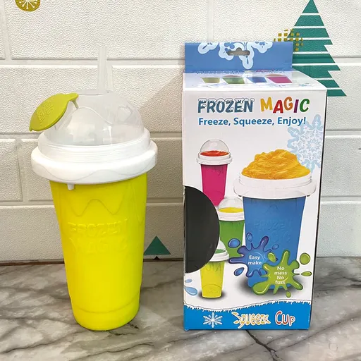 Yellow Instant DIY Slushie Squeeze Maker Cup - Food-Grade Silicone Double-Layer Cooling Smoothie Cup with 2-in-1 Straw & Spoon