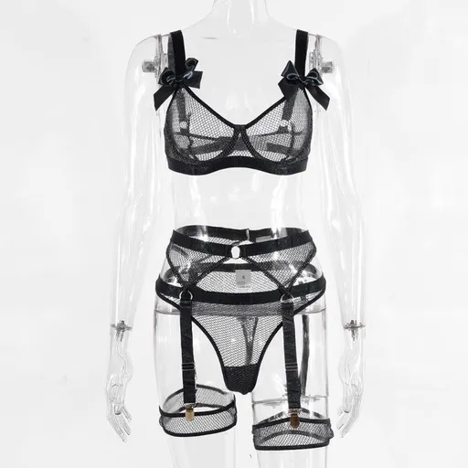 House Of Dasein 5 Piece Bows Mesh Fishnet Sexy See Through Lingerie Set Women Black Blue Neon - Black - M