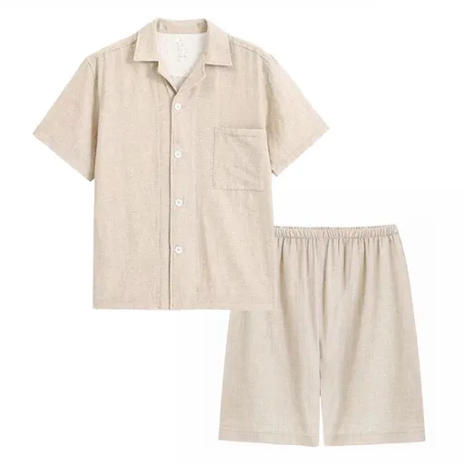 Japanese Cotton Pajama Suit Women Men Short Sleeve Men's Beige Wave Dot-Short Sleeve Shorts