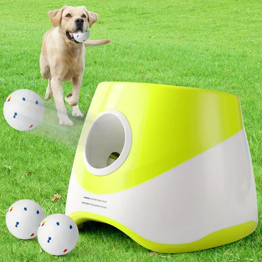 Automatic Dog Tennis Ball Launcher for Indoor & Outdoor Play, Adjustable 3-Speed Thrower with 3 Durable Chew Balls, Rechargeable Fetch Machine for Small, Medium, and Large Dogs (Green)