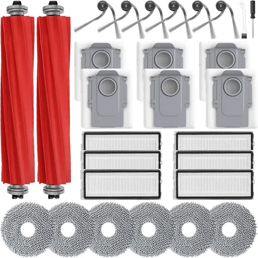 28 Pack QV 35A Replacement Parts for Roborock QV 35A / QV 35S Robot Vacuum, Accessories Kit with 2 Main Brush, 6 Side Brushes, 6 HEPA Filters, 6 Mop Pads, 6 Dust Bags, Cleaning Tool & Screwdriver