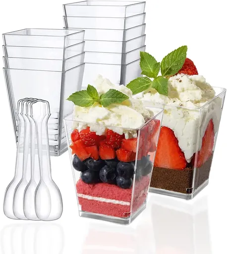 Mini dessert cups (with spoon) 50 pieces reusable - clear - square plastic dessert cups - cheesecake pots - multi-purpose dessert bowls for mousse pudding - dessert party supplies