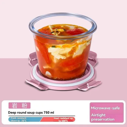 glass soup cup, airtight soup cup, microwave-safe soup cup, office lunch box, sealed food container, glass lunch box, soup container - Pink - Size 750ML-2PCS