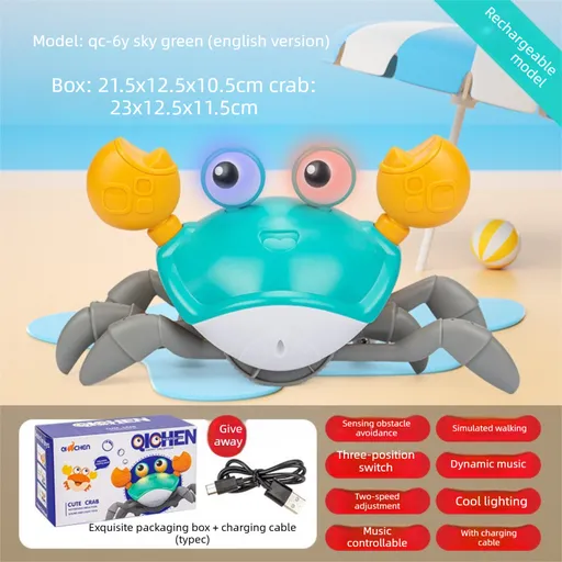Upgraded Induction Crawling Crab Baby Toy with Silent Mode & Speed Control USB-C Rechargeable Obstacle Avoidance Tummy Time Pet Sky Green