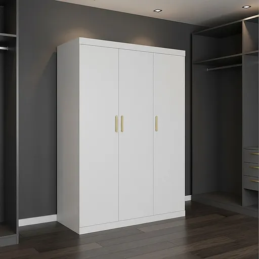 3 Door White Wardrobe – Gold Handles, Hanging Rail & Shelves