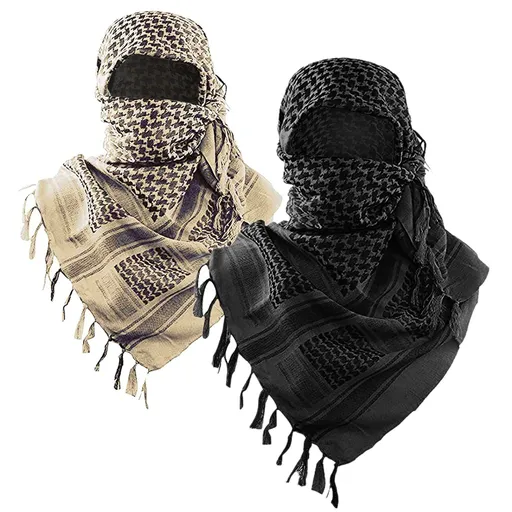 2-Pack 110x110CM Military Shemagh Cotton Tactical Desert Scarf (Black + Khaki) - Versatile Protective Face Mask and Head Wrap for Motorcycling, Paintball & Outdoors