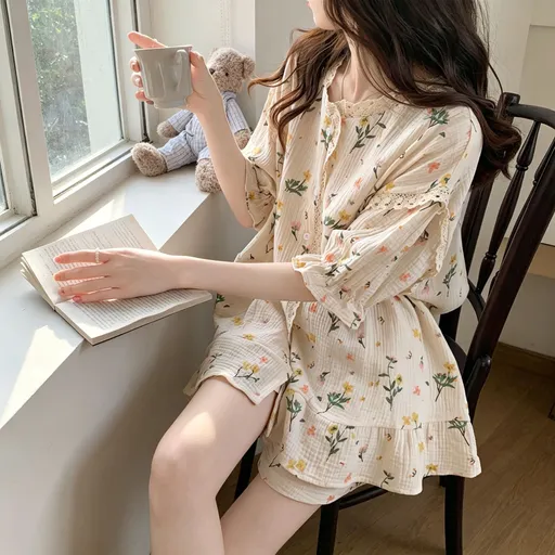 Apricot Floral Size M | Bubble Crinkle Floral Print Pajamas | Halloween Vintage Daily Gift | Soft Loose Fit Women's Homewear Set