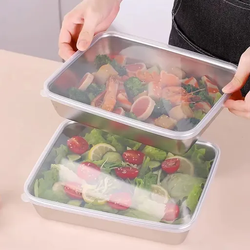 2 Pc Stainless Steel Fridge Storage Containers With Lids, Rectangular Baking Pans for Freezer Meal Prep and Catering, 10 x 8 x 3 in
