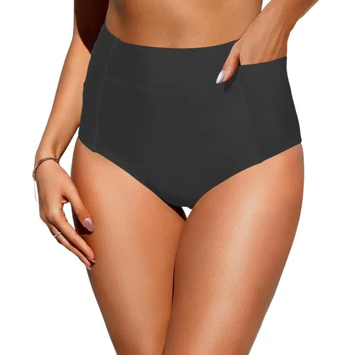 Women's High Waist Bikini Bottoms, Solid Color Vintage Triangle Briefs, Full Coverage Swim Bottoms for Beach or Pool, Black - L
