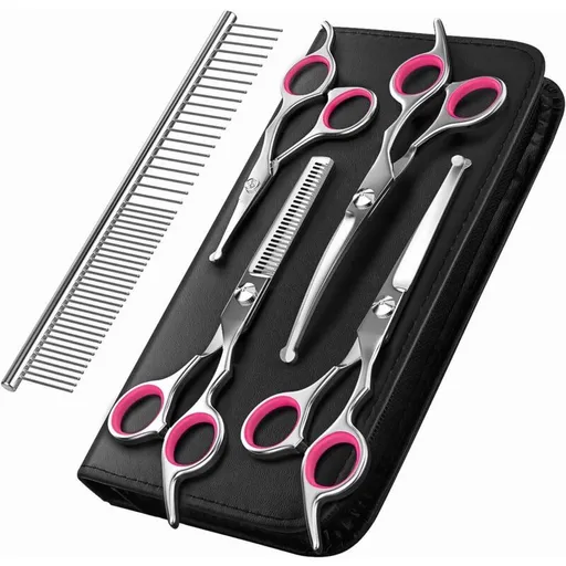 5 Pieces Dog Grooming Scissors, Titanium Coated Stainless Steel Pet Grooming Tool Set, Thinning Straight Curved Shear and Comb, Pink