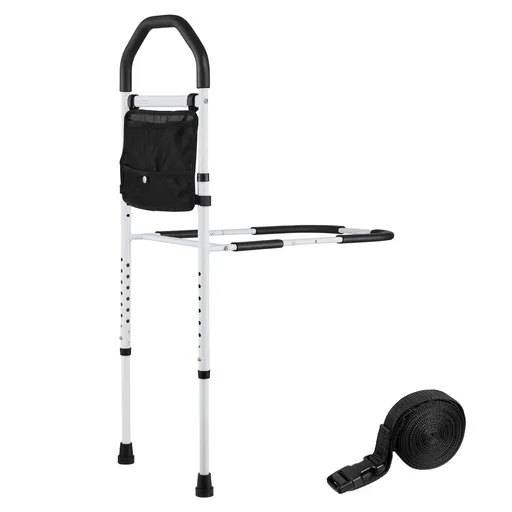 Bed Rail for Elderly, Bedside Assist Rails with Supporting Leg and PU Handrail, Adjustable Height Carbon Steel Pipe Bedside Cane, Bed Bars for Seniors & Patients, Fits King, Queen, Full, Twin