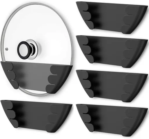 Universal Pot Lid Organizer for Cabinet - Upgraded Patented 6 Pack Pan Lids Organizers Inside Door Wall Mount Pots Top Storage Rack Holder Kitchen, Fits 6" to 13" (Black)