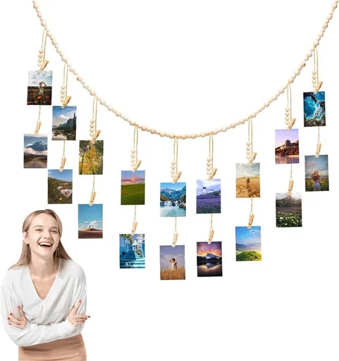 110 cm Wooden Bead Photo Garland with 18 Clips, Natural Boho Hanging Picture Display