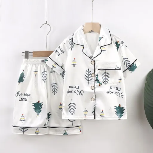 Beifujia Kids Ice Silk Cartoon Pajamas Set 2131-Ice Silk White Forest 140cm