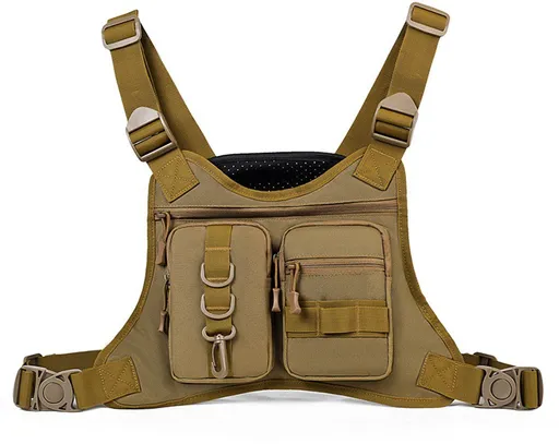 Men's Chest Bag Running Vest Pack Adjustable Straps Outdoor Sports Chest Rig Brown, 40 x 4 x 29 cm