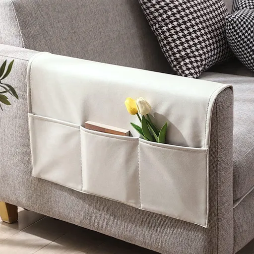 Sofa Armrest Storage - 5 Compartments - Reinforced Tech Fabric - Remote Control Holder - White (60*110CM)