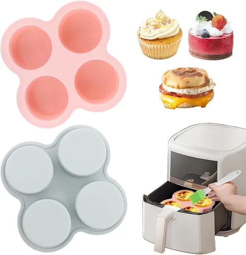 2Pcs Reusable Silicone Air Fryer Egg Mold Cupcake and Muffin Pan Non-Stick Air Fryer Baking Pan 4 Cavity Silicone Muffin Pans Muffin Cups for Baking(Blue+Pink)
