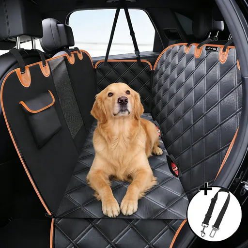 Waterproof Dog Car Rear Seat Protector 135 x 148CM - Durable Oxford Non Slip Pet Hammock with Storage Pockets , Zipper Mesh Window and 6 Fixed Buckles, Seat Belt Access Opening and Pet Leash