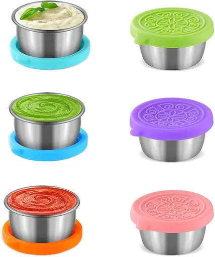 6-Pack Salad Dressing Food Storage Containers with Leakproof Silicone Lids, 50ml Stainless Steel Condiment & Dipping Sauce Cups Ideal for Lunch Bento Boxes