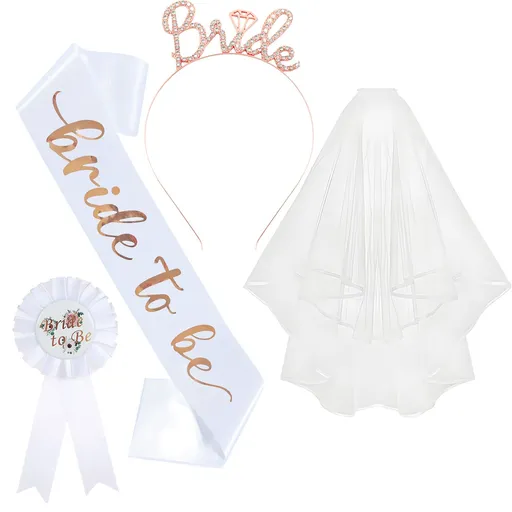 White and Rose Gold Bride to Be Bachelorette Party Accessory Set, 4 Piece Bridal Shower Accessories Kit with Rhinestone Headband, Sash, Badge and Double Layer Veil with Comb
