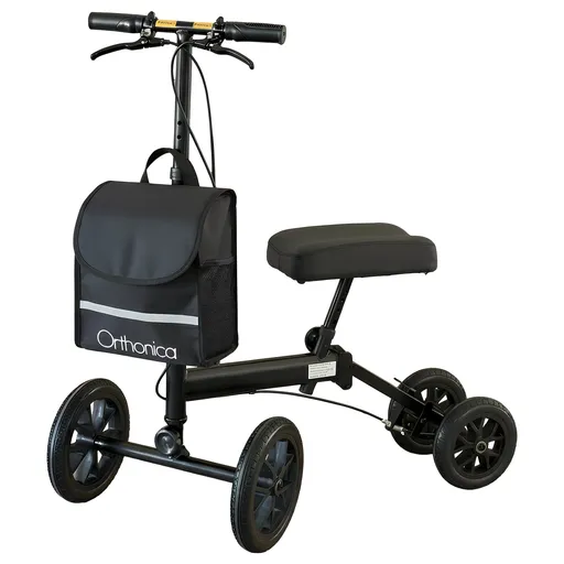 Orthonica Foldable Steerable Knee Walker Scooter with Adjustable Pad, Dual Brakes, Storage Bag & 136kg Capacity