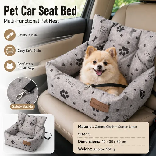 Grey Paw print pattern S Size 40x30cm Car pet bed -Oxford Linen Removable Washable Non-Slip Sofa Bed for Small Dogs Cats Indoor Travel Use