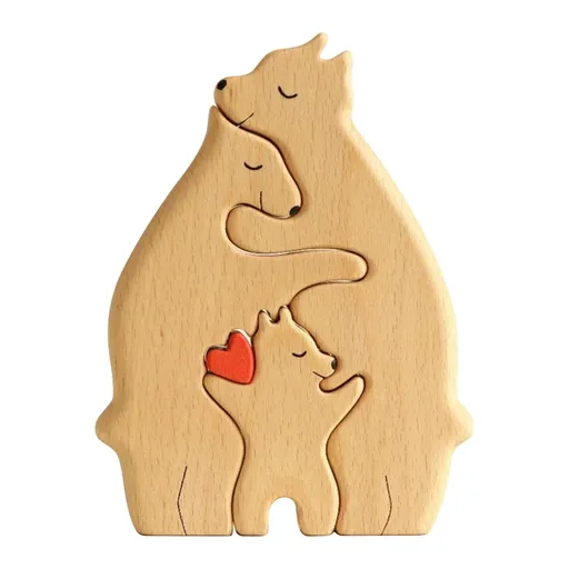 Wooden Bears Family Art Puzzle, Wooden Family Blocks Hand Carved Couple Animal Figurine, Wooden Sculpture