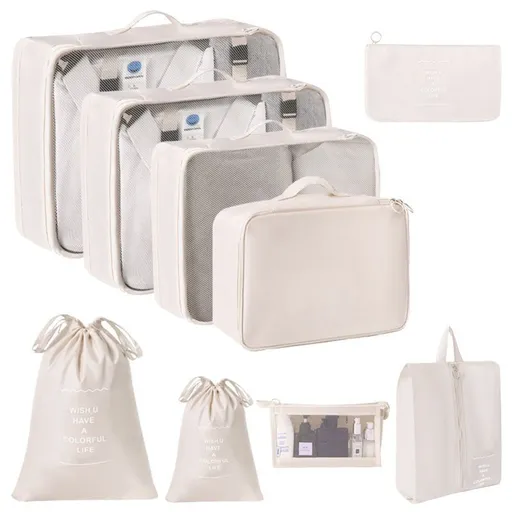 Portable Luggage Garment Pouches For Travel, 9 Pcs Organizer Kit Including Double Drawstring Sacks & Makeup Bag, Beige, Lovely Travel Gift
