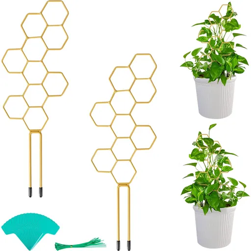 2 Pcs 14" Small Plant Trellis for Climbing Plant, Honeycomb Metal Potted Trellis with 20 Pcs Cable Ties, 15 Pcs Plant , Golden