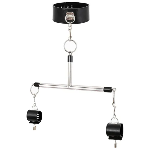 Adjustable PU Leather Collar & Locking Handcuff Spreader Bar Set - Adult Novelty Restraint(black)